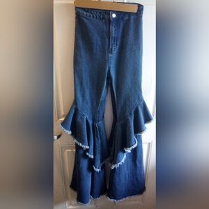 Banjul Ruffled Raw Edge Bell-bottom Stretch Jeans Size S